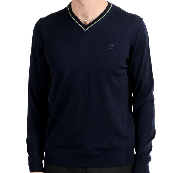 Roberto Cavalli 100% Wool Dark Blue V-Neck Sweater - Picture 1 of 6